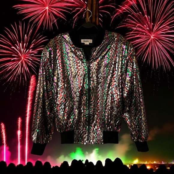 Mighty Retro/Vintage Metallic Silver Bomber Jacket with Multi-Colour Sequins - Picture 6 of 16